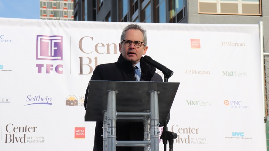 Jeremy Shell, Principal at TF Cornerstone, speaking at the ribbon (Photo by Michael Dorgan, Queens Post)