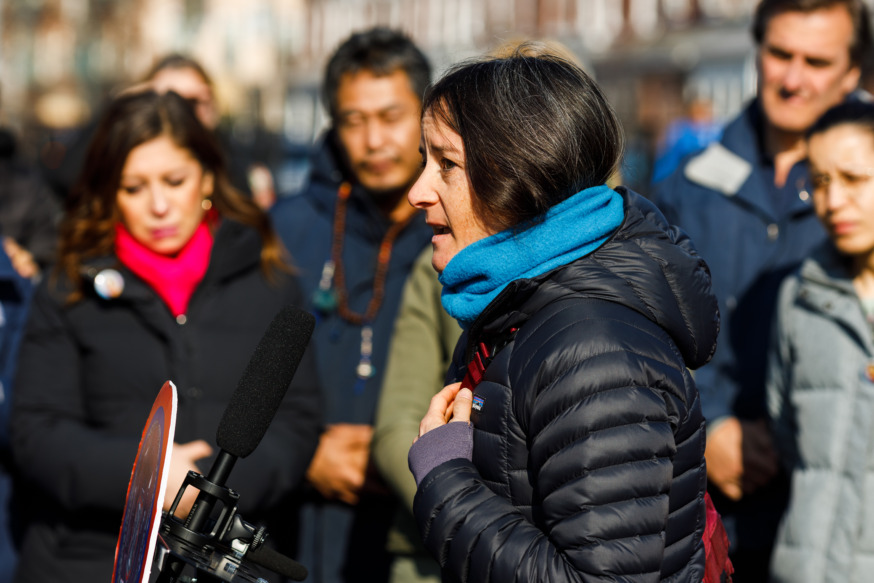 Astoria resident Rebecca Van Kessel speaks at a press conference in Astoria Heights Playground on Sunday, Feb. 26, 2023. Elected officials and community members are calling on the city to install a traffic light at the corner of Newtown Road and 45th Street in, where 7-year-old Dolma Naadhun was killed by a driver who failed to make a complete stop at the stop sign.