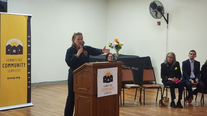 Queens District Attorney Melinda Katz addresses Sunnyside Community Services on the importance of reporting elder abuse. Photo: Shane O'Brien