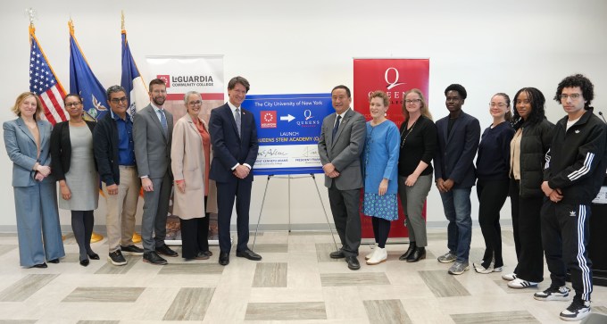 Pictured, from left to right: Sascha Owen, Senior Vice Chancellor for Strategy & Policy Implementation at CUNY; Niki Jones, Director of STEM Initiatives at LaGuardia; Dr. Abderrazak Belkharraz, Chair of the Mathematics, Engineering, and Computer Science Department at LaGuardia; Dr. Eric Hofmann, Associate Provost for Academic Affairs at LaGuardia; Dr. Billie Gastic Rosado, Provost and Senior Vice President for Academic Affairs at LaGuardia; LaGuardia President Kenneth Adams; QC President Frank H. Wu; Dr. Patricia Price, Provost and Senior Vice President for Academic Affairs at QC; Dr. Nathalia Holtzman, Associate Provost for Innovation and Student Success at QC; Seth, a LaGuardia graduate, Q-STEM student, and Computer Science major at QC; and three LaGuardia STEM majors. Photo courtesy of LaGuardia Community College.