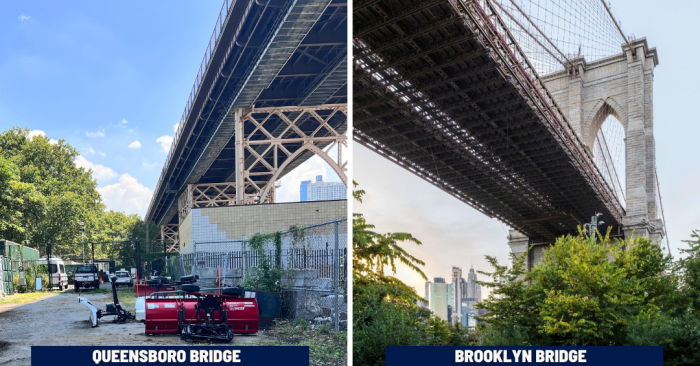 The Space Under the Queensboro Bridge in 2025 (Credit: Council Member Won’s Office). The Developed Space Under the Brooklyn Bridge (Credit: Brooklyn Bridge Park Instagram).