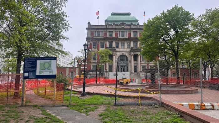 Court Square Park is currently undergoing renovation work. The park's fountain is scheduled to be removed as part of the plans. Photo: Michael Dorgan.